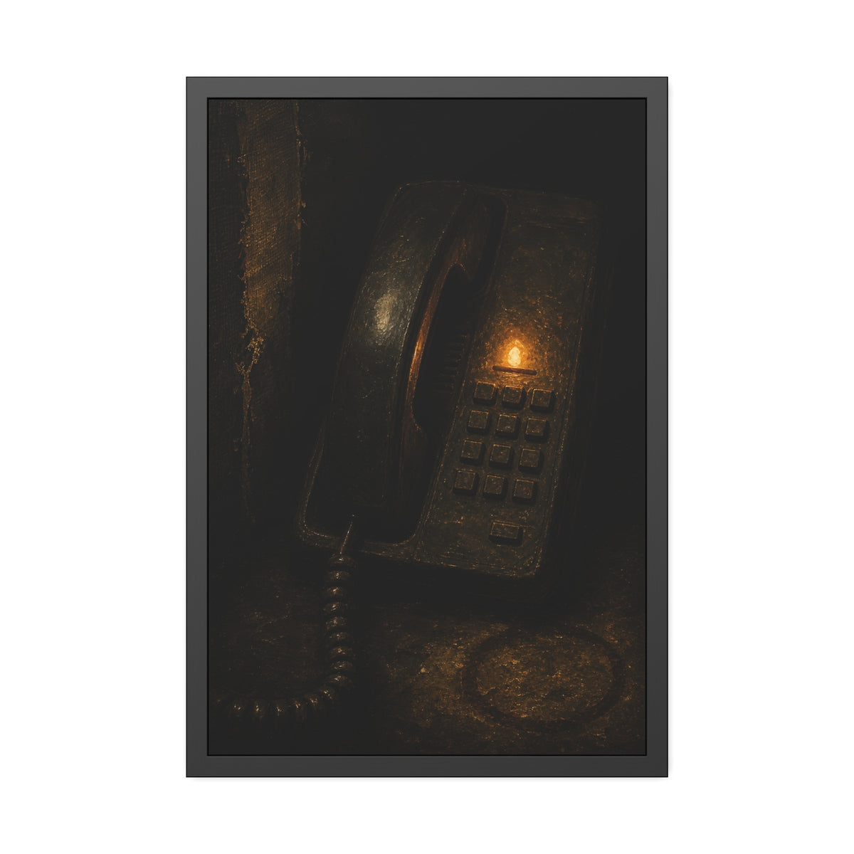 An old desk phone in the dark with one amber line light glowing. The First Ring by Garabaggio, framed fine art print, 24″ x 36″.