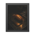 A loaf of bread alone on a dark self checkout weighing plate. The Witness at the Scale by Garabaggio, framed fine art print, 11″ x 14″.