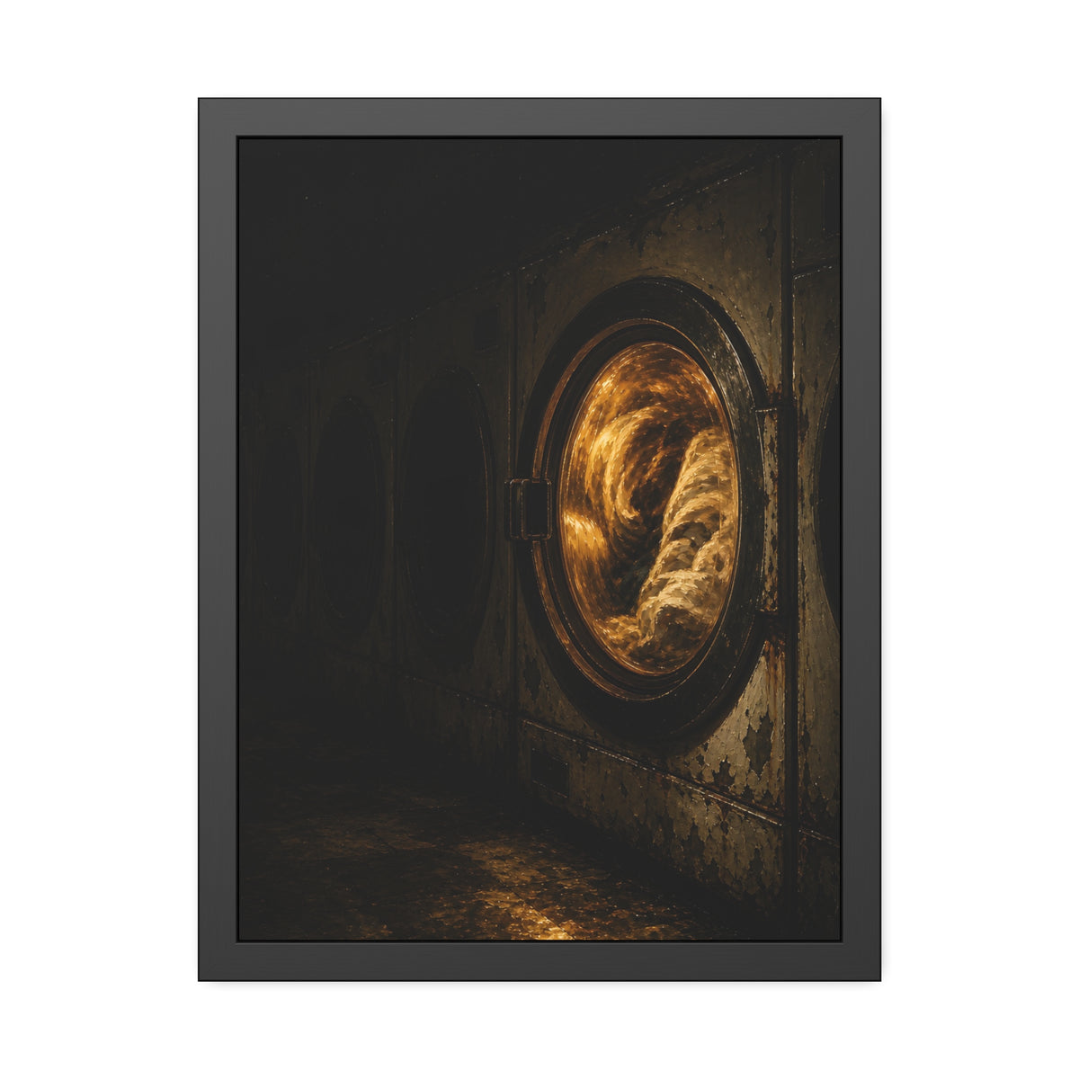 A row of dryers with one drum lit and tumbling in a dark laundromat. The Last Dryer Turning by Garabaggio, framed fine art print, 18″ x 24″.