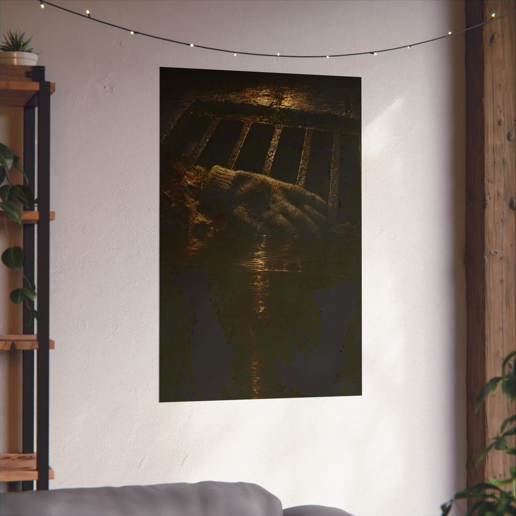 A single work glove on a storm drain grate above dark standing water. The Descent Into the Drain by Garabaggio, fine art print hanging in a room.