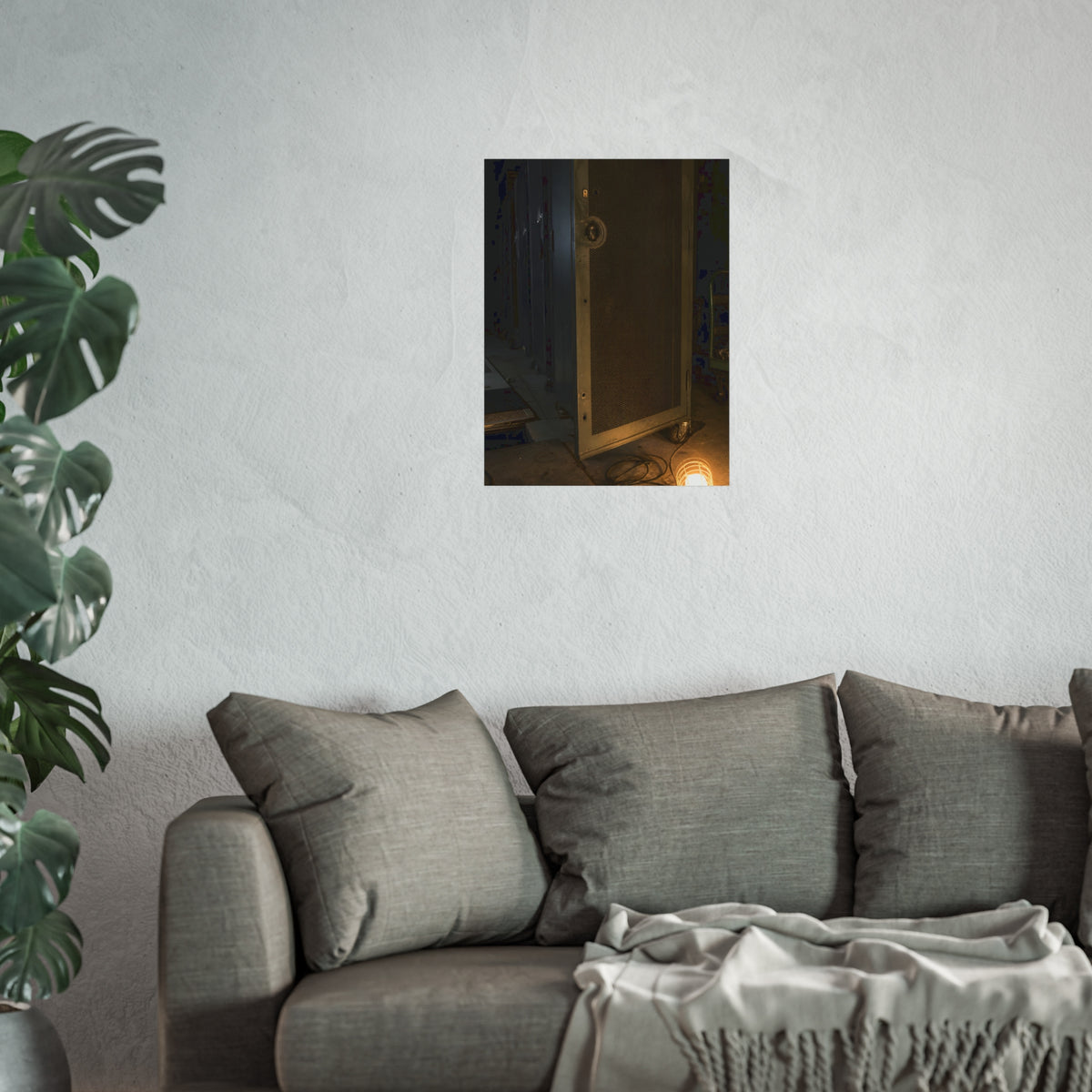 A perforated server rack door in a dark aisle lit by a floor work lamp. The Cold Aisle by Garabaggio, fine art print hanging in a room.
