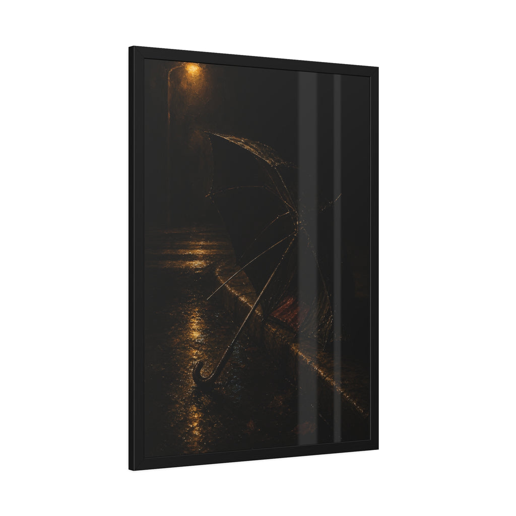 An open umbrella with bent ribs on a wet curb under a street lamp. The Presentation at the Crosswalk by Garabaggio, framed fine art print hanging in a room.