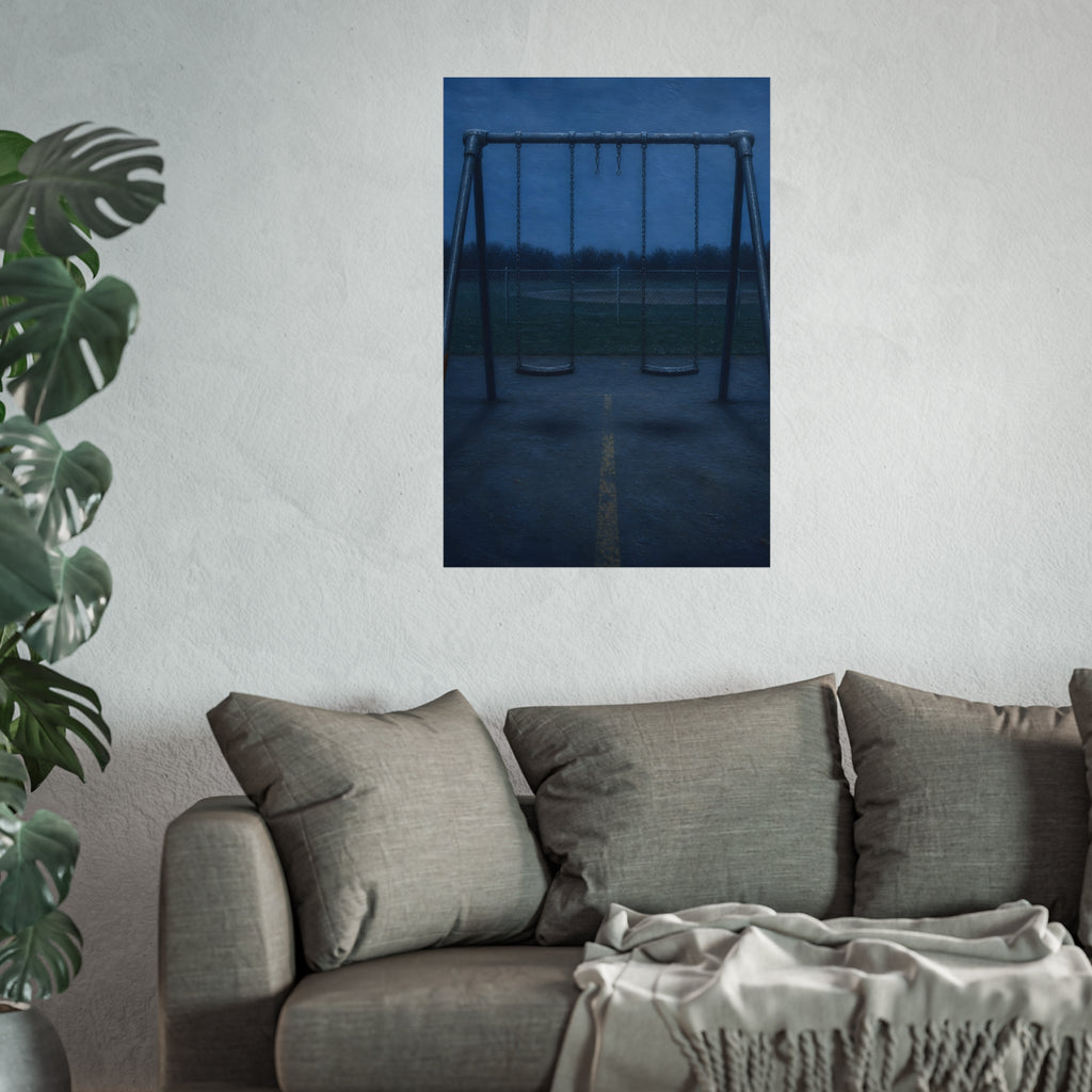 A swing set at dusk with two seats hanging straight. The Sixth Hour: The Seat Hanging Straight by Garabaggio, fine art print hanging in a room.