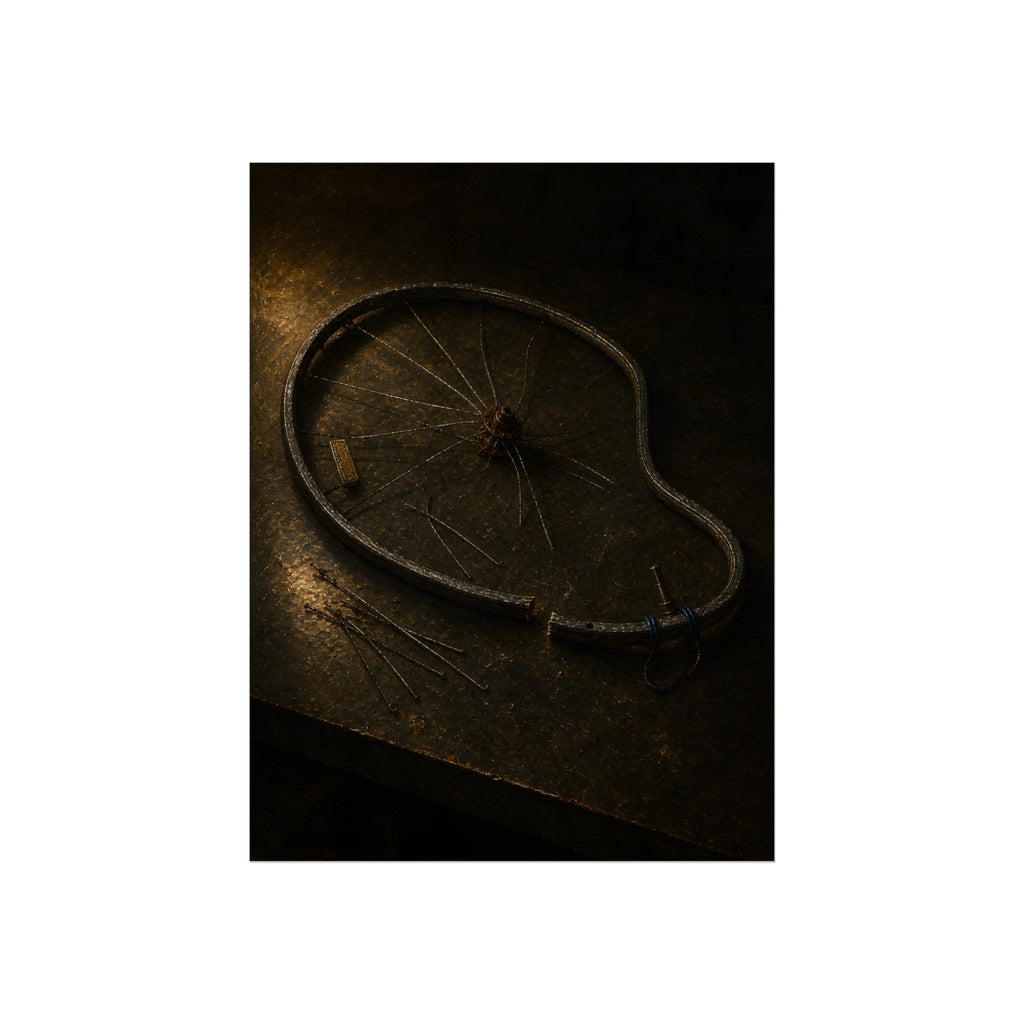 A bent bicycle wheel rim with loose spokes on a dark table in warm light. The Cutting of the Circle by Garabaggio, fine art print, 12″ x 16″.