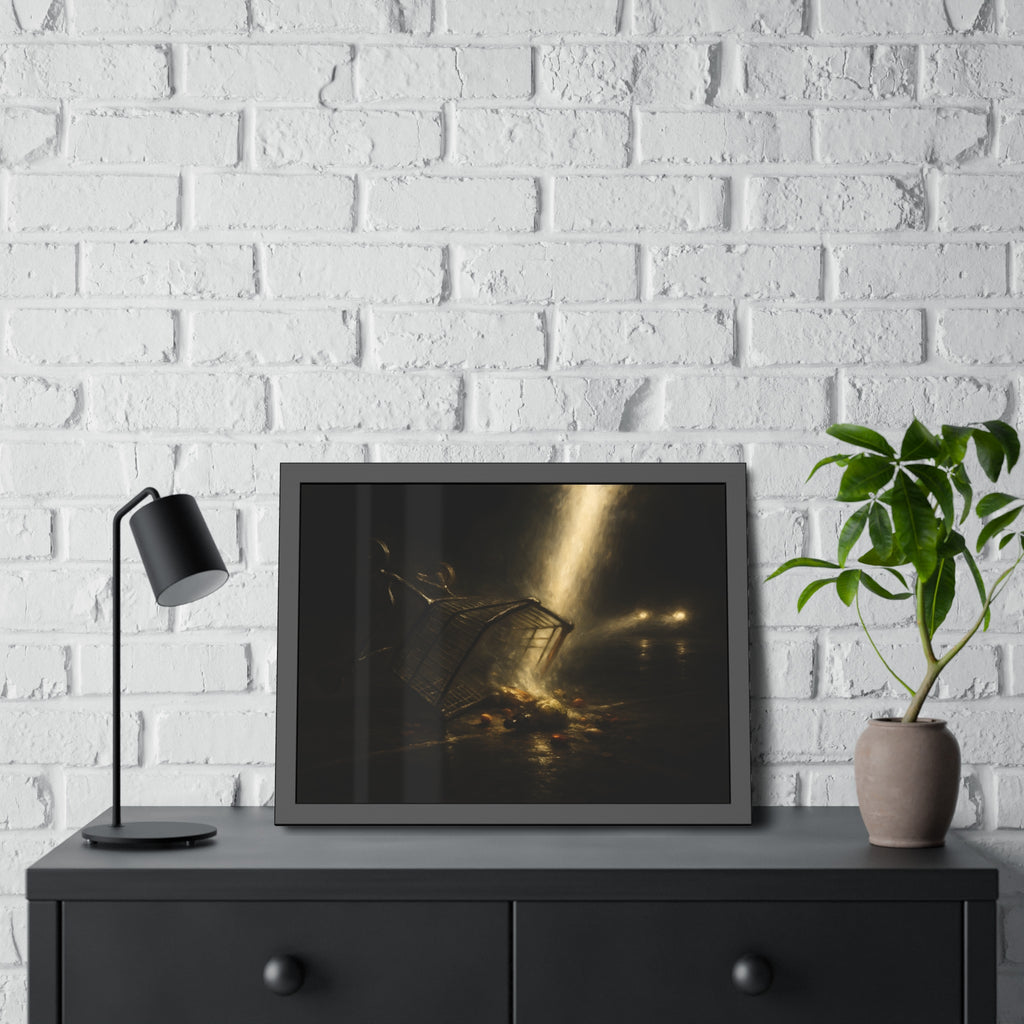 A tipped shopping cart spilling groceries in a shaft of light. The Conversion of the Shopping Cart by Garabaggio, framed fine art print hanging in a room.