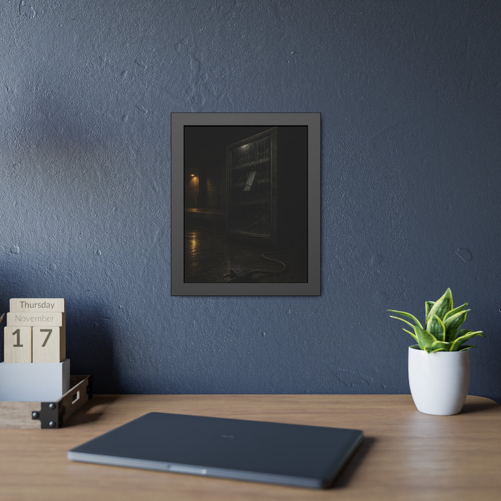 A vending machine in the rain, its cord and plug trailing across wet pavement. The Weathering Outside by Garabaggio, framed fine art print hanging in a room.