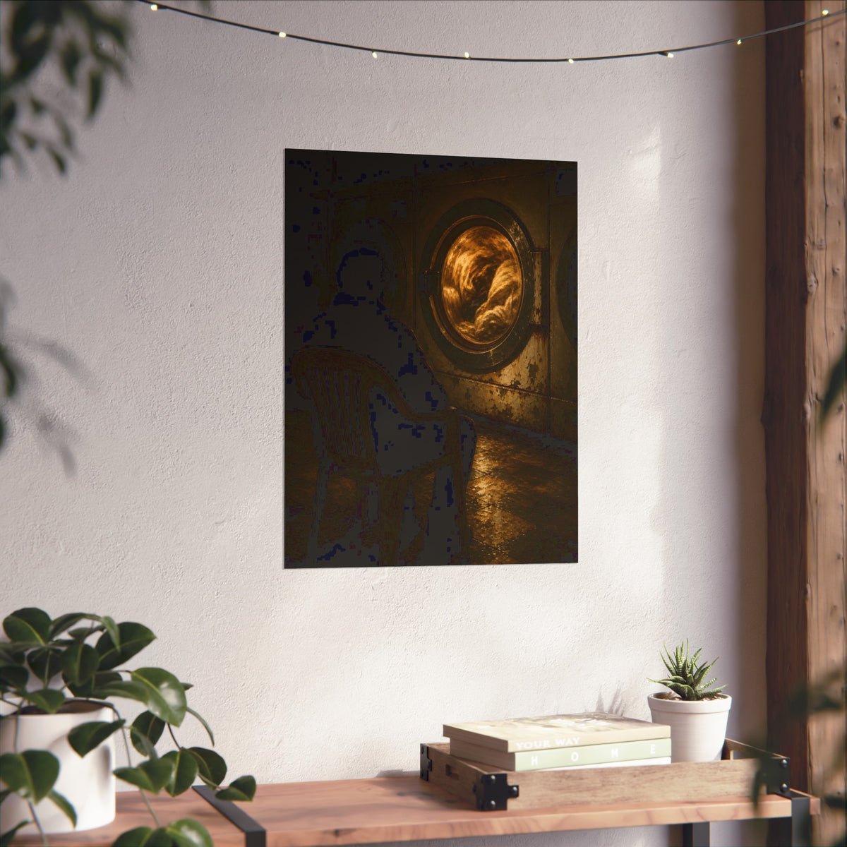 A person seated in a plastic chair facing a lit dryer drum. The Watcher in the Plastic Chair by Garabaggio, fine art print hanging in a room.
