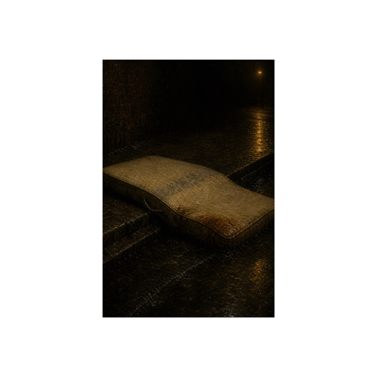 A sodden mattress slumped off a curb on wet pavement under a street lamp. The Collapse into the Gutter by Garabaggio, fine art print, 24″ x 36″.