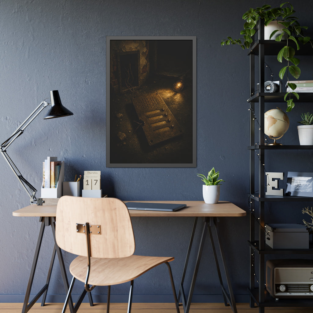 An intercom panel face up on a floor, wires cut, lit by a work lamp. The Plate Taken Down by Garabaggio, framed fine art print hanging in a room.