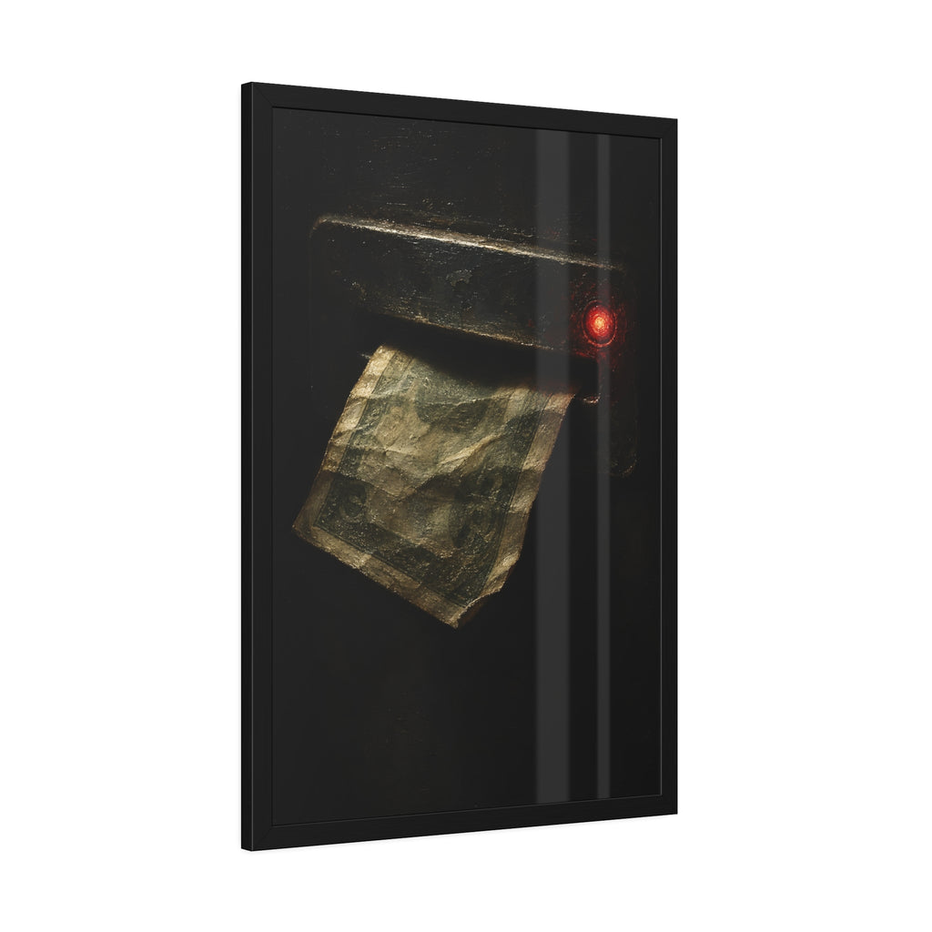 A worn bill pushed back out of a machine slot beside a red light. The Change Machine's Refusal by Garabaggio, framed fine art print hanging in a room.