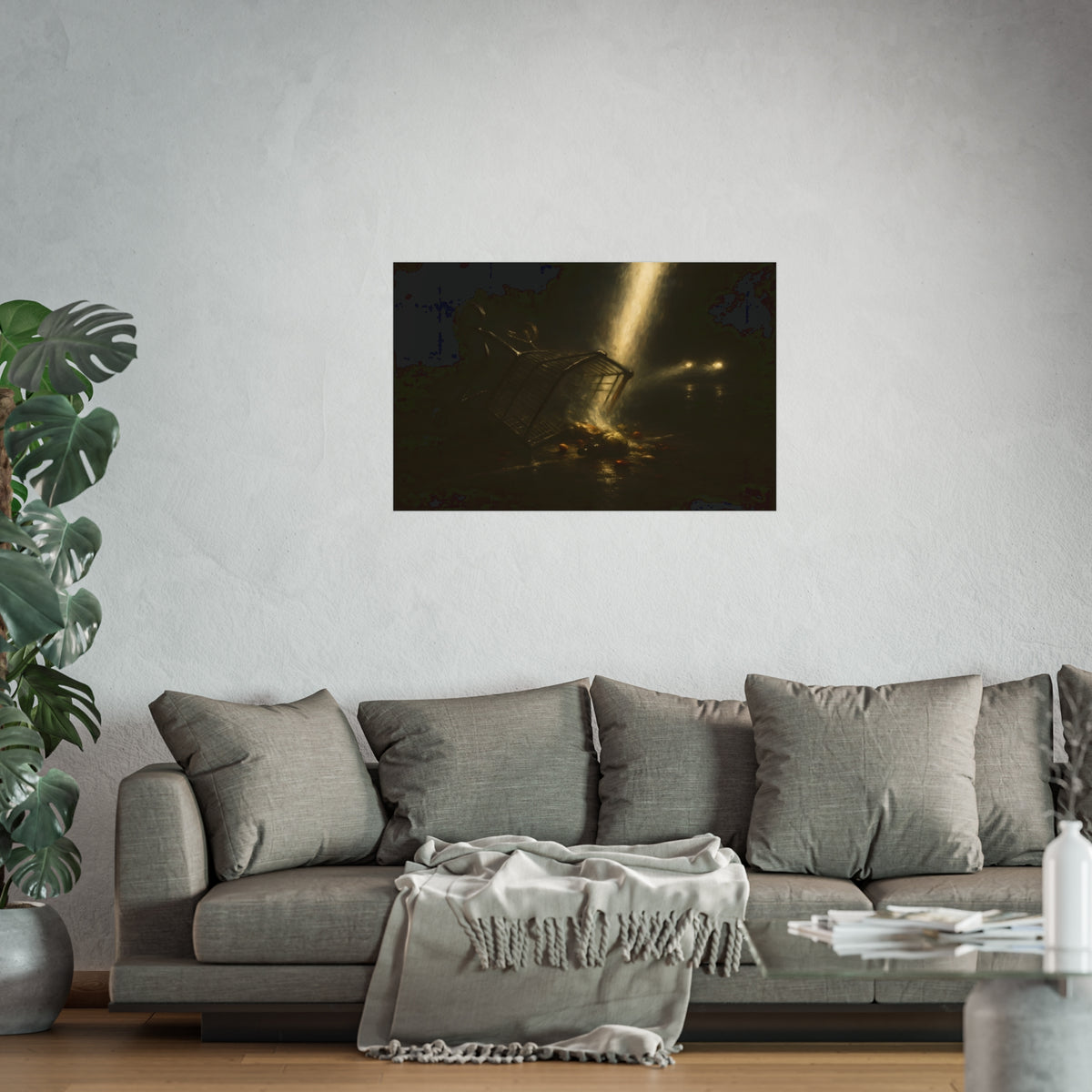 A tipped shopping cart spilling groceries in a shaft of light. The Conversion of the Shopping Cart by Garabaggio, fine art print hanging in a room.