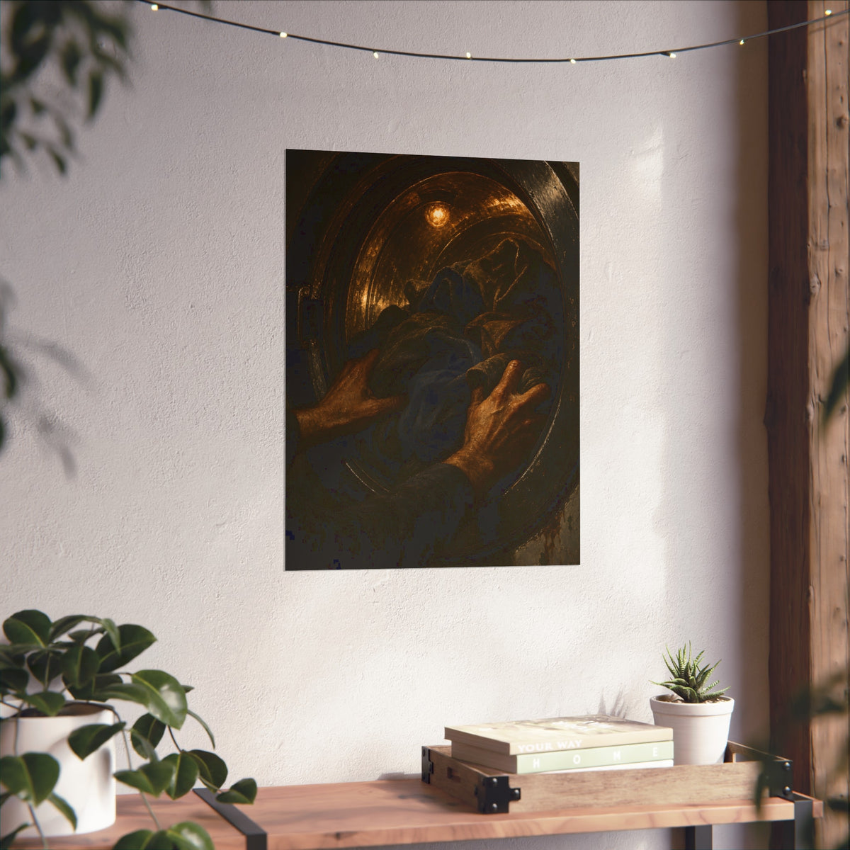 Two hands pushing dark laundry into a washer drum lit by a small bulb. The Loading of the Drum by Garabaggio, fine art print hanging in a room.