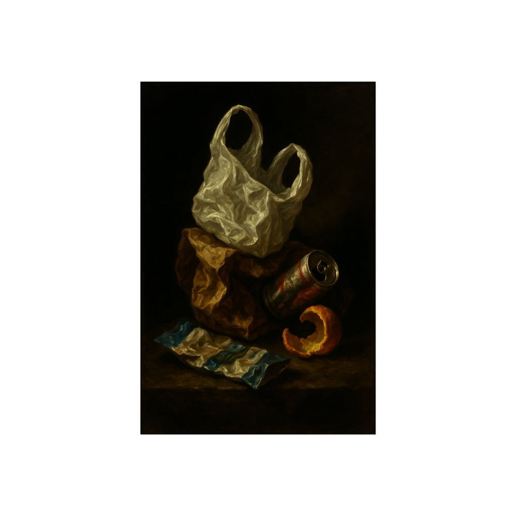 A plastic bag, crushed can and orange peel on a dim table. Still Life with Orange Peel and Resignation by Garabaggio, fine art print hanging in a room.