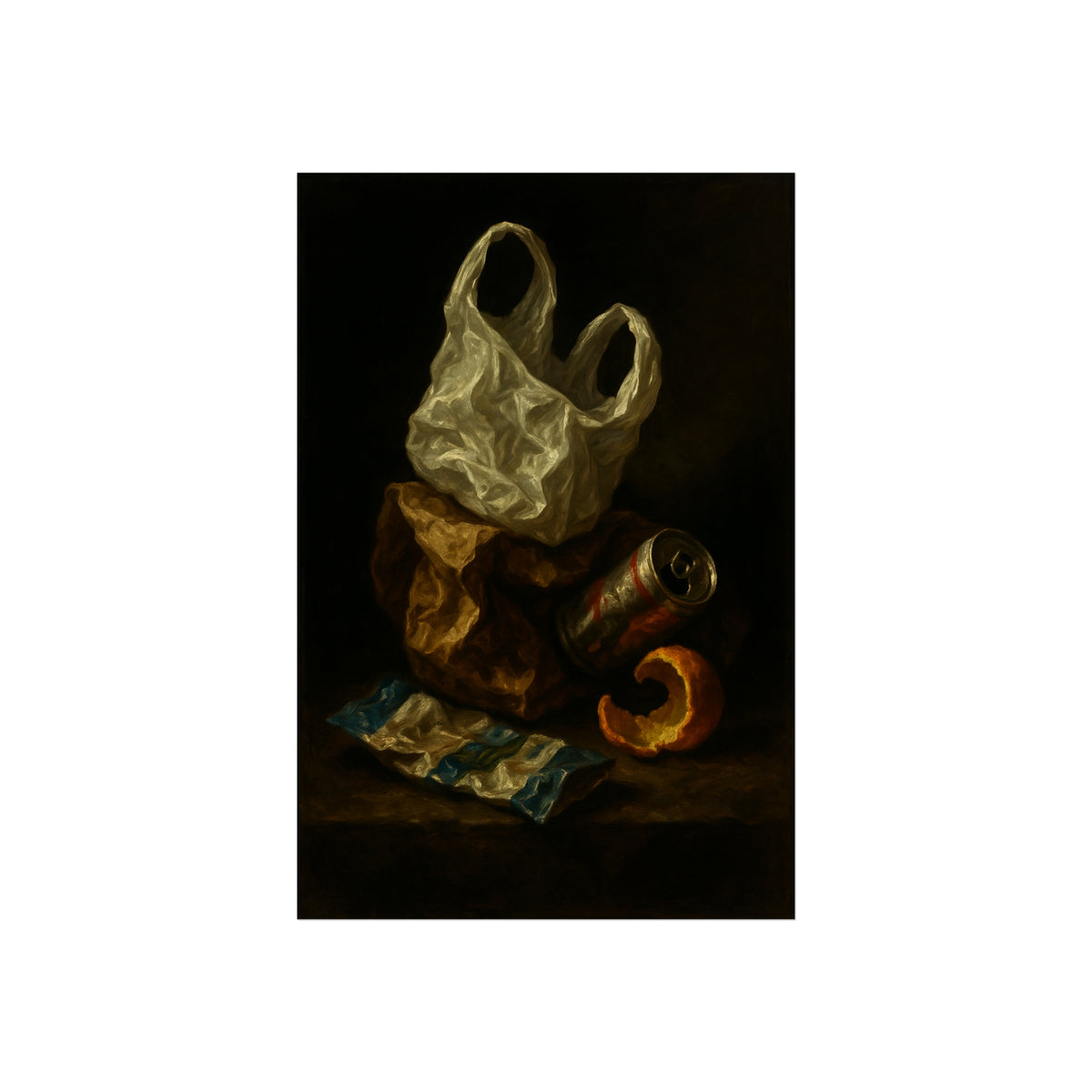 A plastic bag, crushed can and orange peel on a dim table. Still Life with Orange Peel and Resignation by Garabaggio, fine art print hanging in a room.