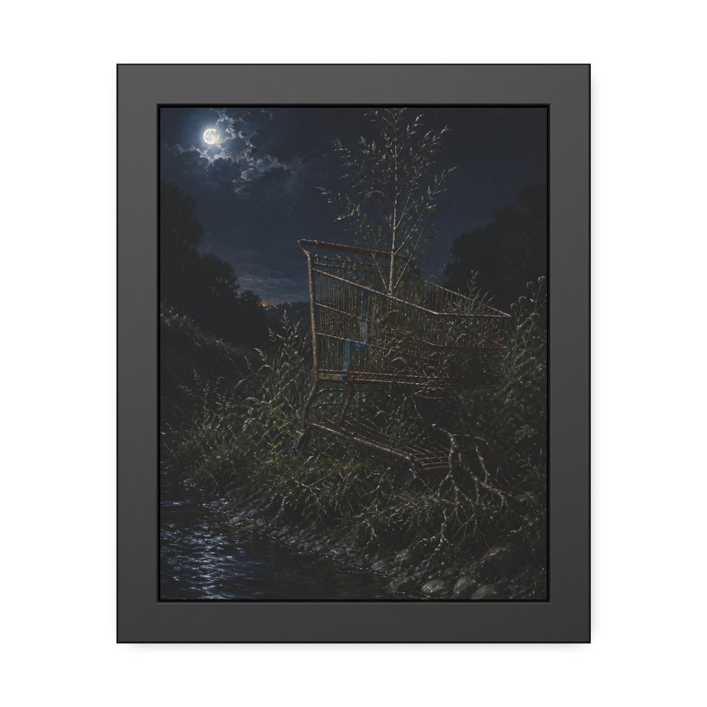 A shopping cart in creekside weeds with a sapling growing up through it. The Cart Grown Through by Garabaggio, framed fine art print, 11″ x 14″.