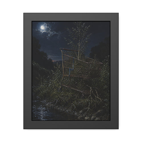 A shopping cart in creekside weeds with a sapling growing up through it. The Cart Grown Through by Garabaggio, framed fine art print, 11″ x 14″.