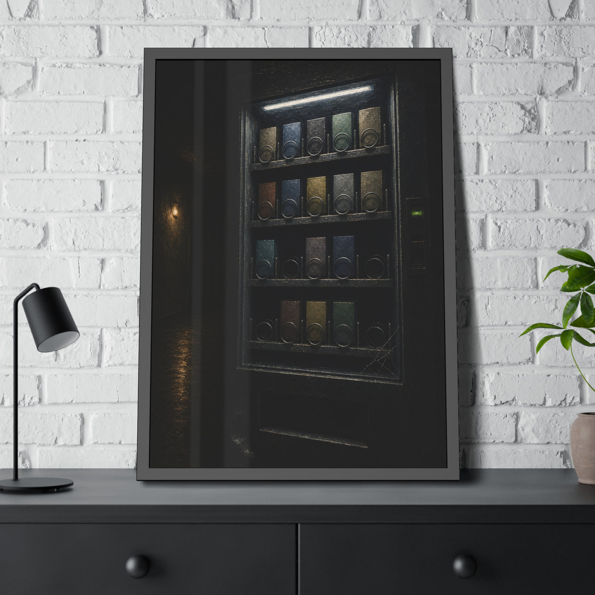 A vending machine with gaps in its rows lighting an empty hallway. The Gaps Spread by Garabaggio, framed fine art print hanging in a room.