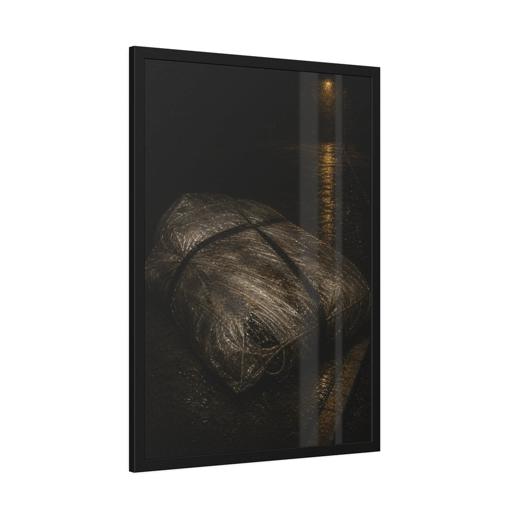 A mattress wrapped in plastic and strapped shut on a wet night street. The Municipal Shroud by Garabaggio, framed fine art print hanging in a room.