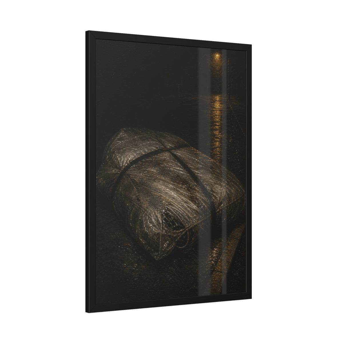 A mattress wrapped in plastic and strapped shut on a wet night street. The Municipal Shroud by Garabaggio, framed fine art print hanging in a room.