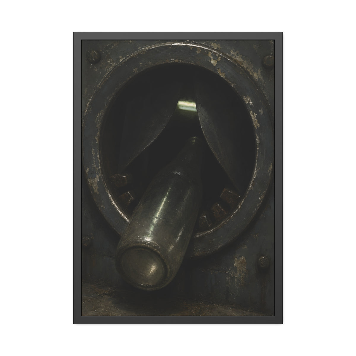 A glass bottle wedged in the round steel intake of a crushing machine. The Crusher's Mouth by Garabaggio, framed fine art print, 28″ x 40″.