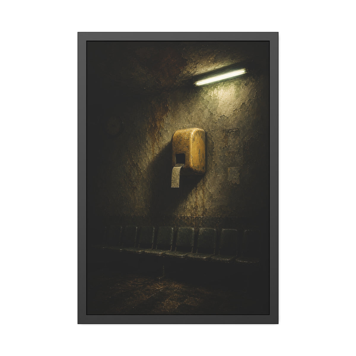 Yellow ticket dispenser on a stained wall above empty seats. Before the First Name by Garabaggio, framed fine art print, 24″ x 36″.