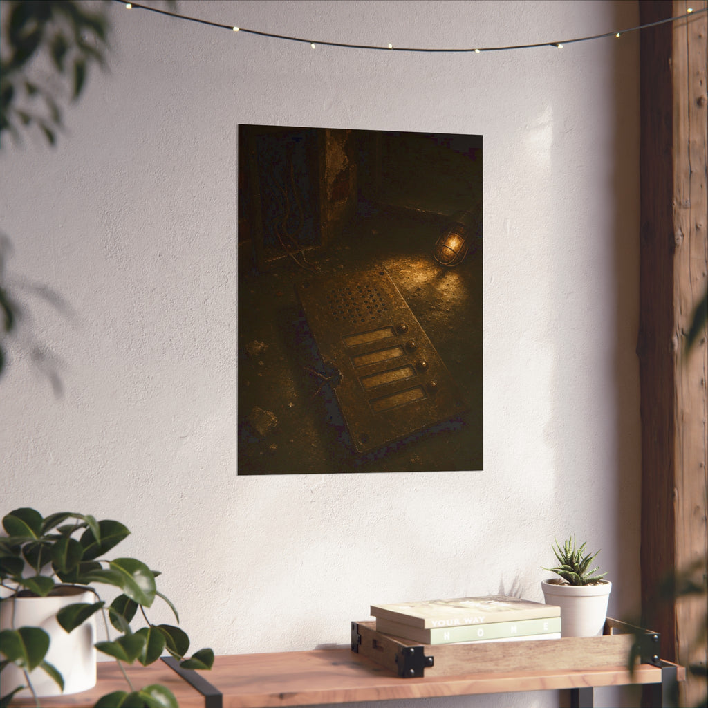 An intercom panel face up on a floor, wires cut, lit by a work lamp. The Plate Taken Down by Garabaggio, fine art print hanging in a room.