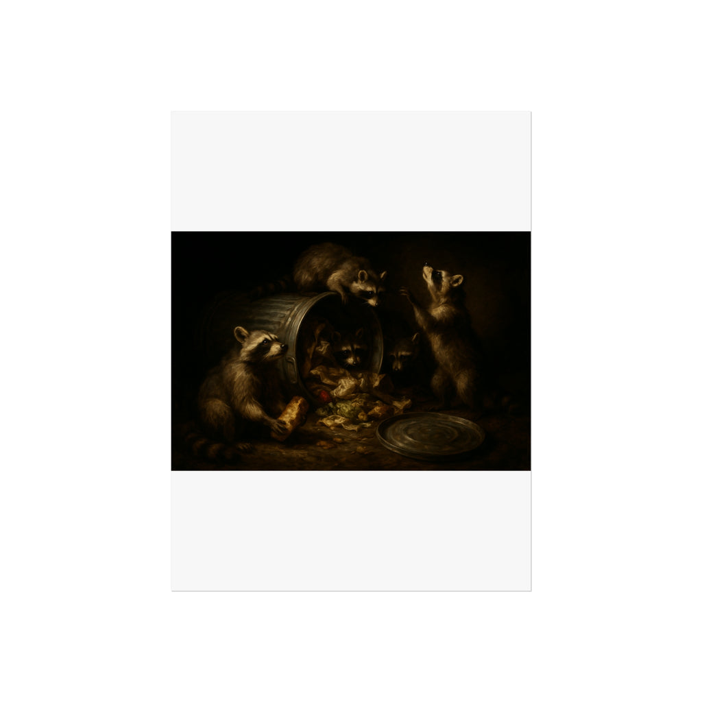 Raccoons around a tipped metal trash can, scattering food scraps. The Vigil of the Midnight Feast by Garabaggio, fine art print hanging in a room.