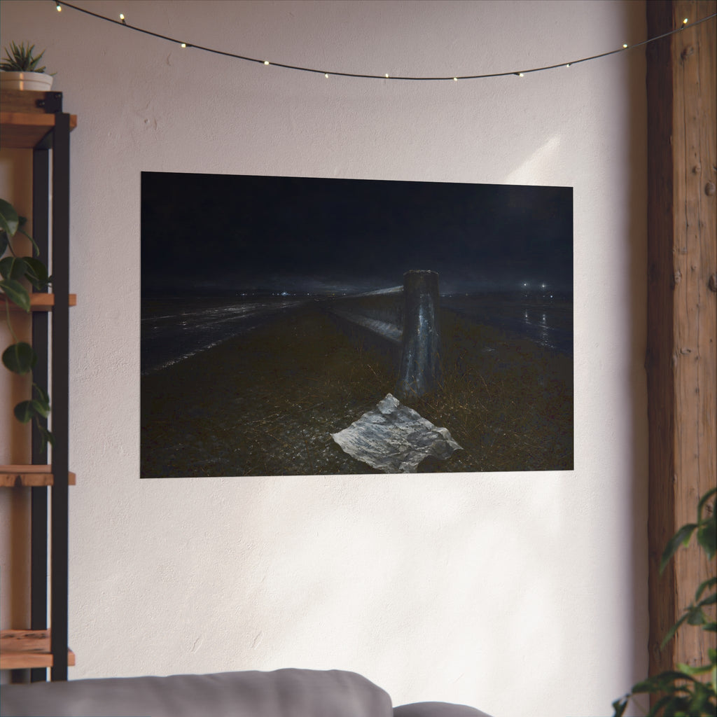 A sheet of paper on a grassy highway median beside a concrete post at night. The Resume on the Median by Garabaggio, fine art print hanging in a room.