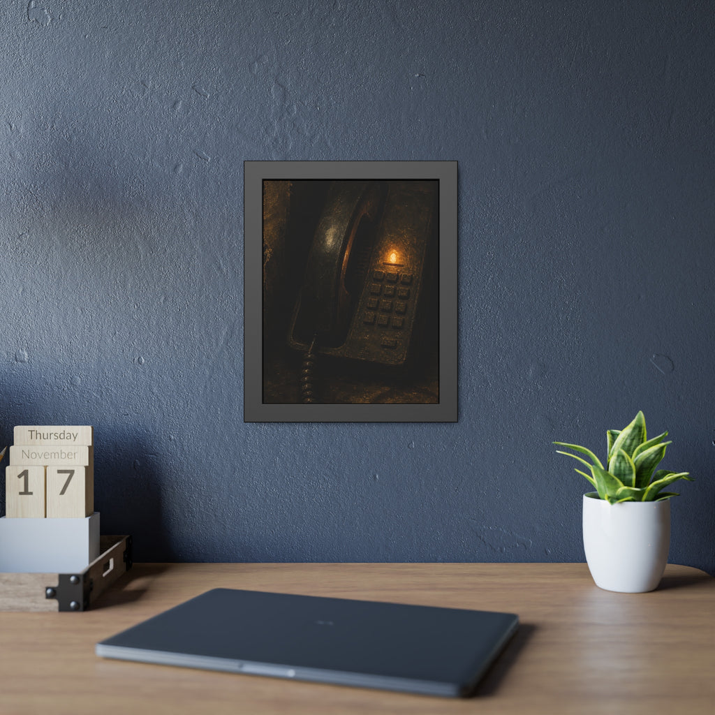 An old desk phone in the dark with one amber line light glowing. The First Ring by Garabaggio, framed fine art print hanging in a room.
