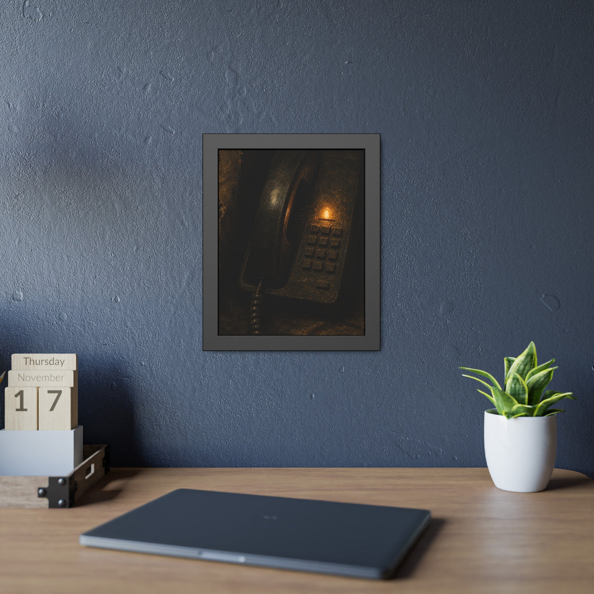 An old desk phone in the dark with one amber line light glowing. The First Ring by Garabaggio, framed fine art print hanging in a room.