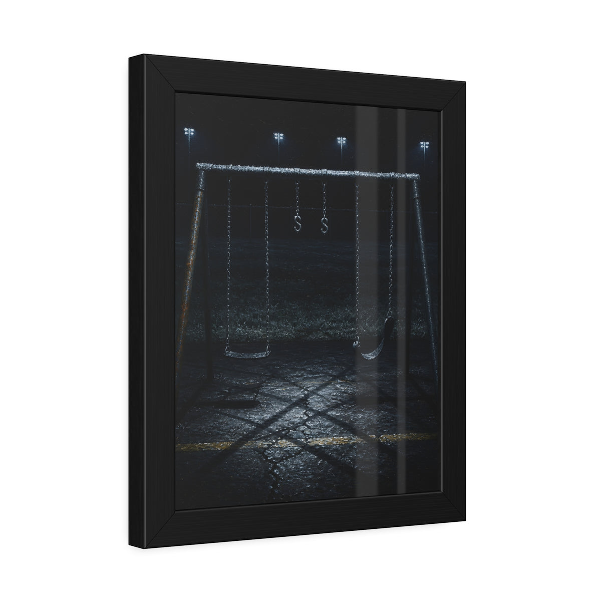 An empty swing set with frost on its crossbar under floodlights. Midnight: The Frost on the Crossbar by Garabaggio, framed fine art print hanging in a room.