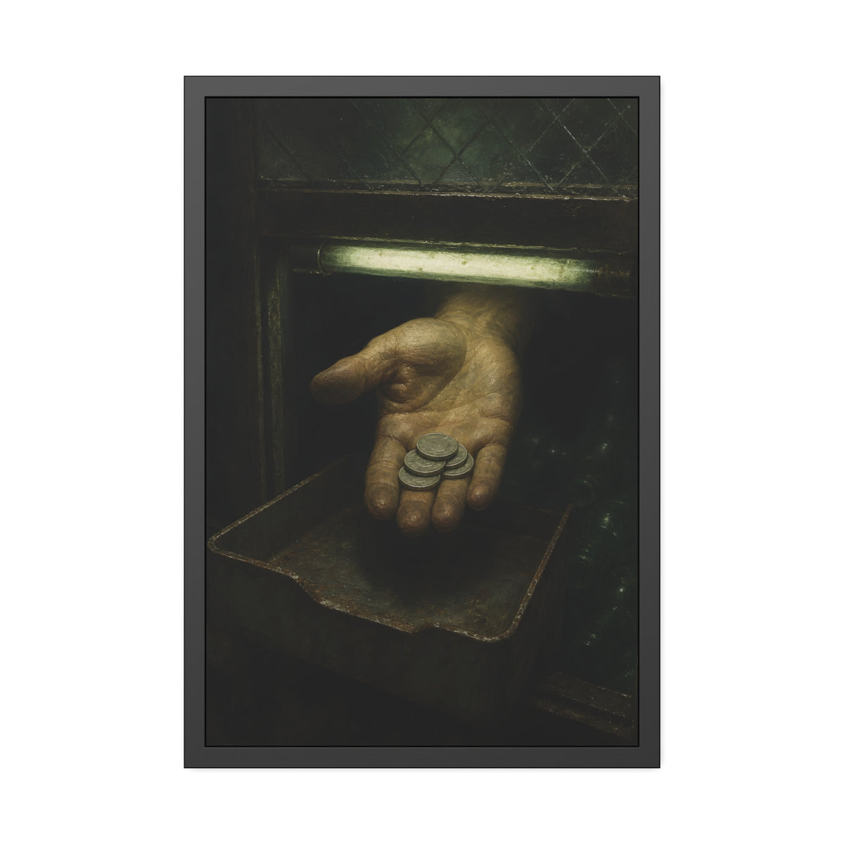 An open palm holding coins over a metal tray under a fluorescent tube. The Nickel Rendered by Garabaggio, framed fine art print, 24″ x 36″.