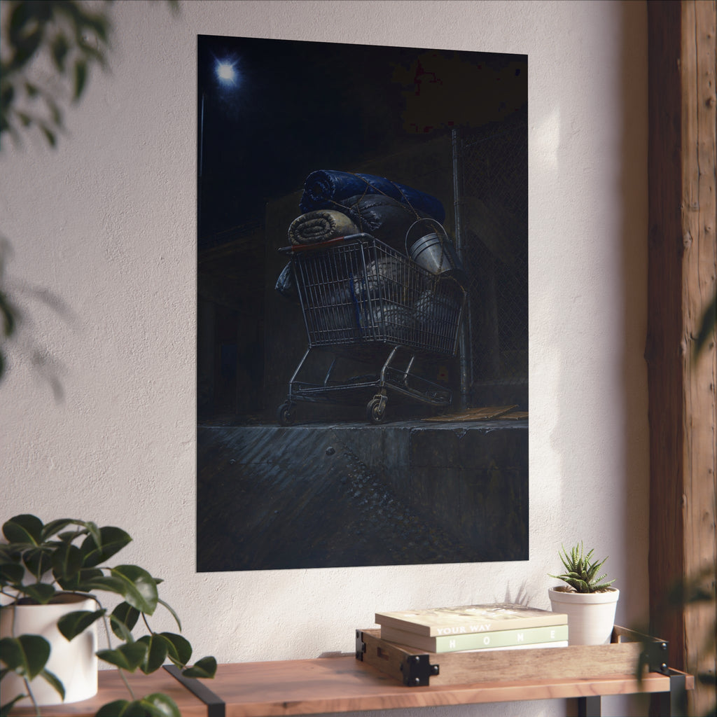 A shopping cart piled with bedding and buckets under a streetlamp. The Loading of Another Life by Garabaggio, fine art print hanging in a room.