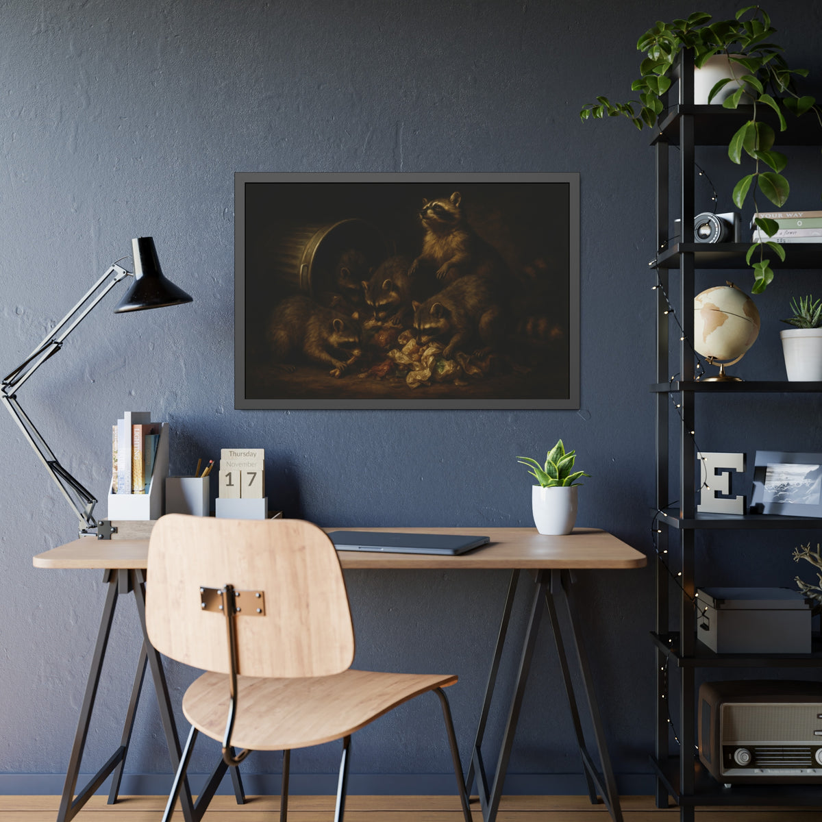 Five raccoons around a toppled metal trash can and spilled scraps. The Entombment of the Garbage by Garabaggio, framed fine art print hanging in a room.