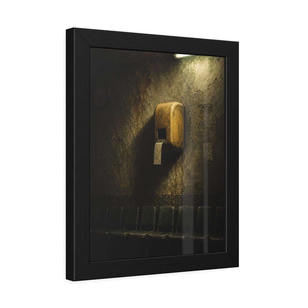 Yellow ticket dispenser on a stained wall above empty seats. Before the First Name by Garabaggio, framed fine art print hanging in a room.