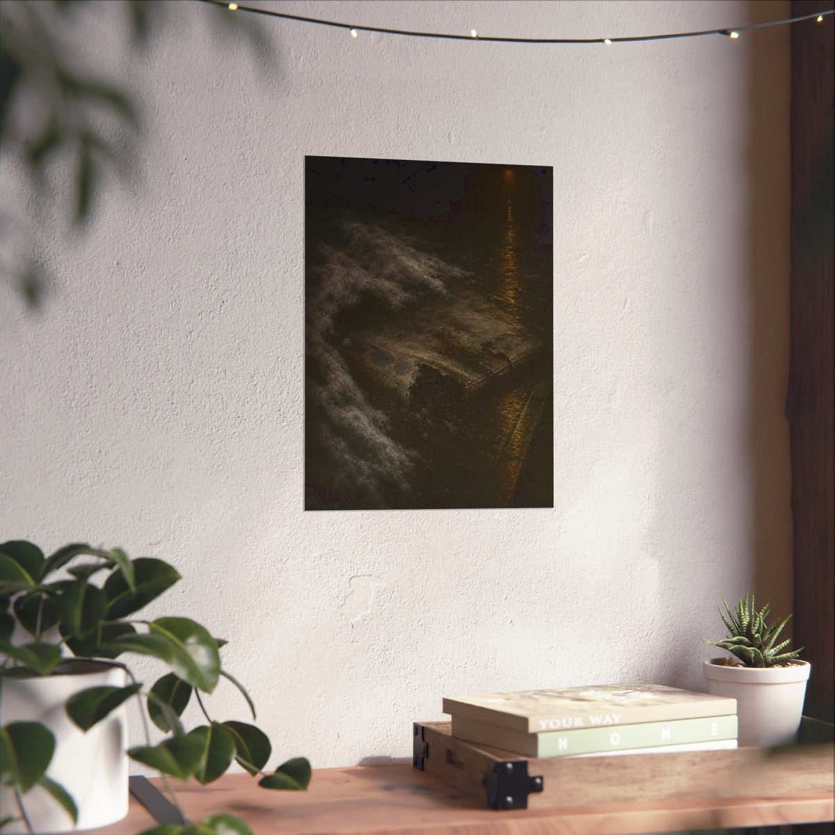 A soaked mattress in melting snow at the curb beside a wet street. The Thaw by Garabaggio, fine art print hanging in a room.