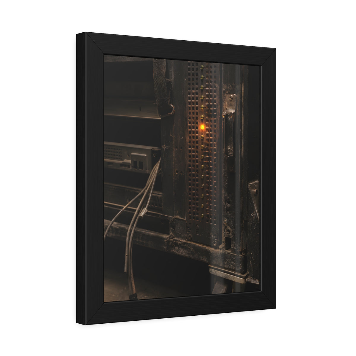 A single amber light among green LEDs on a grimy server rack. The Amber Fault by Garabaggio, framed fine art print hanging in a room.