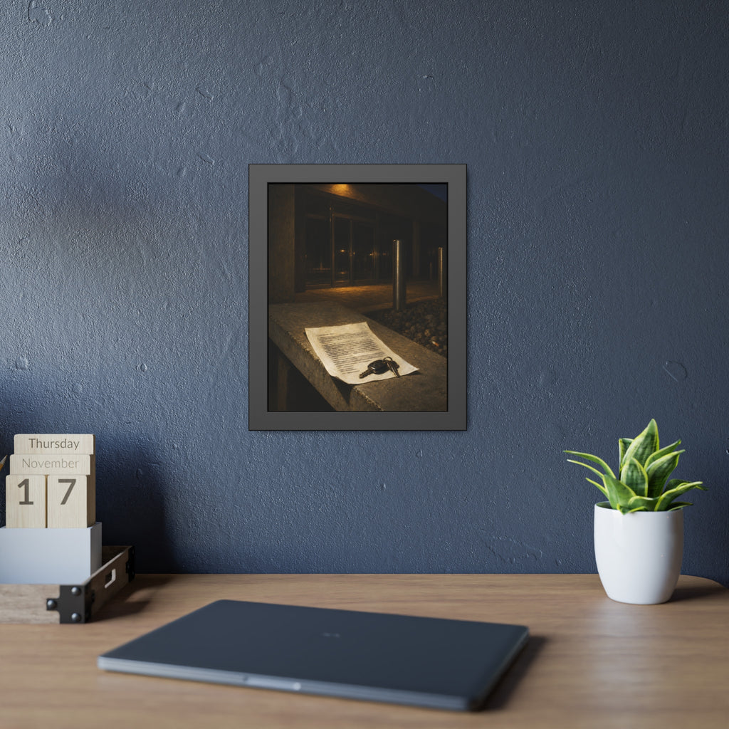 A printed page and car keys on a concrete ledge outside an office at night. The Last Email, Printed by Garabaggio, framed fine art print hanging in a room.