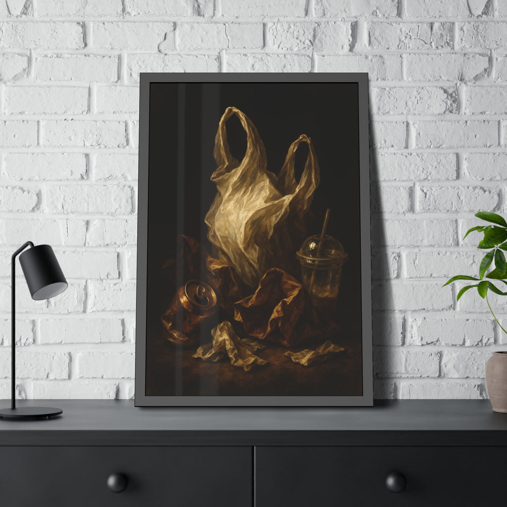 A plastic bag held open above a crushed can and a plastic cup with straw. The Apparition of the Bag by Garabaggio, framed fine art print hanging in a room.