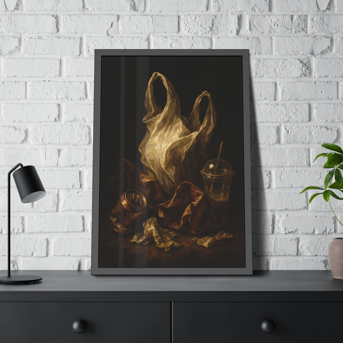 A plastic bag held open above a crushed can and a plastic cup with straw. The Apparition of the Bag by Garabaggio, framed fine art print hanging in a room.