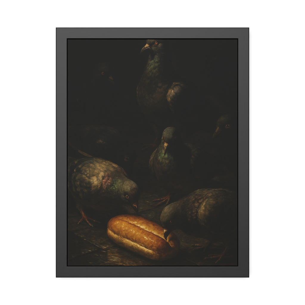Pigeons crowding around a bread roll on dark stone paving. The Congregation at the Bun by Garabaggio, framed fine art print hanging in a room.