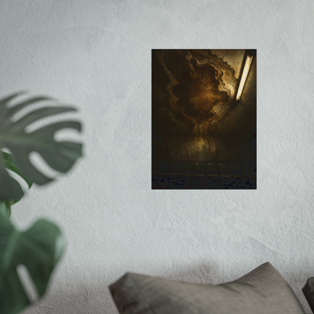 A brown water stain spreading across a ceiling above a row of chairs. The Stain Above the Row by Garabaggio, fine art print hanging in a room.