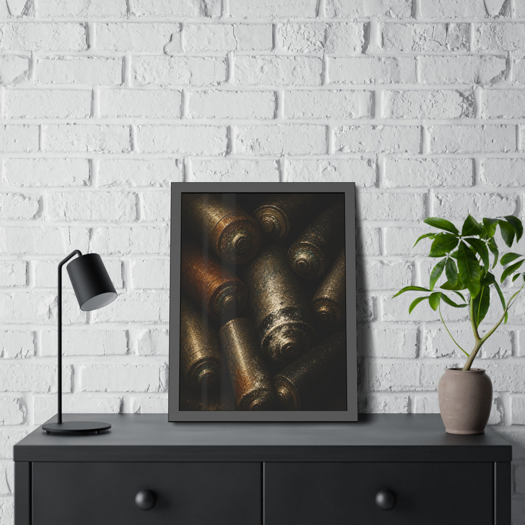Heap of corroded batteries filling the frame in dim raking light. Chorus of Corrosion by Garabaggio, framed fine art print hanging in a room.