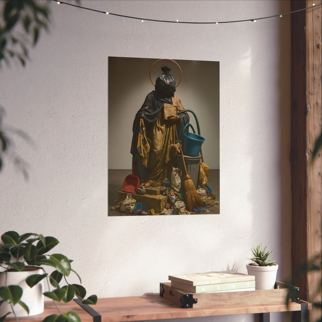 A robed figure with a garbage bag head and gold halo holding a broom. The Custodian Enthroned by Garabaggio, fine art print hanging in a room.