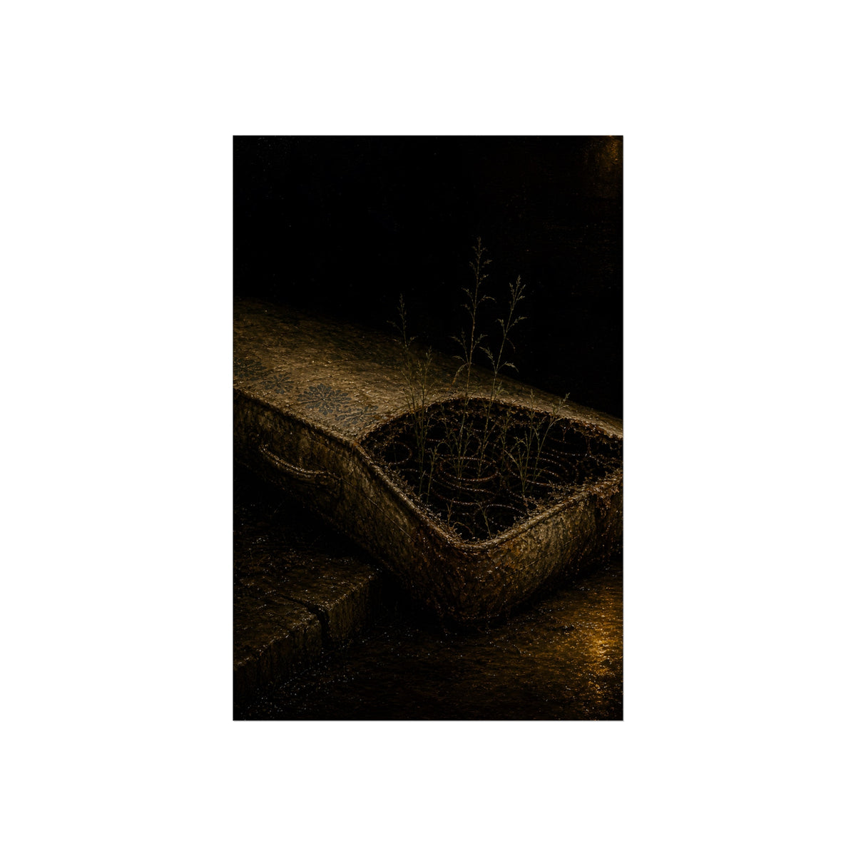 Weeds growing through a torn mattress left at a wet curb at night. The Rooting of Weeds by Garabaggio, fine art print, 24″ x 36″.