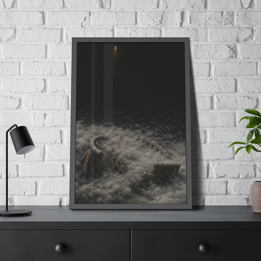A broken laundry basket half buried in a snowbank under a distant light. Lattice in the Snowbank by Garabaggio, framed fine art print hanging in a room.