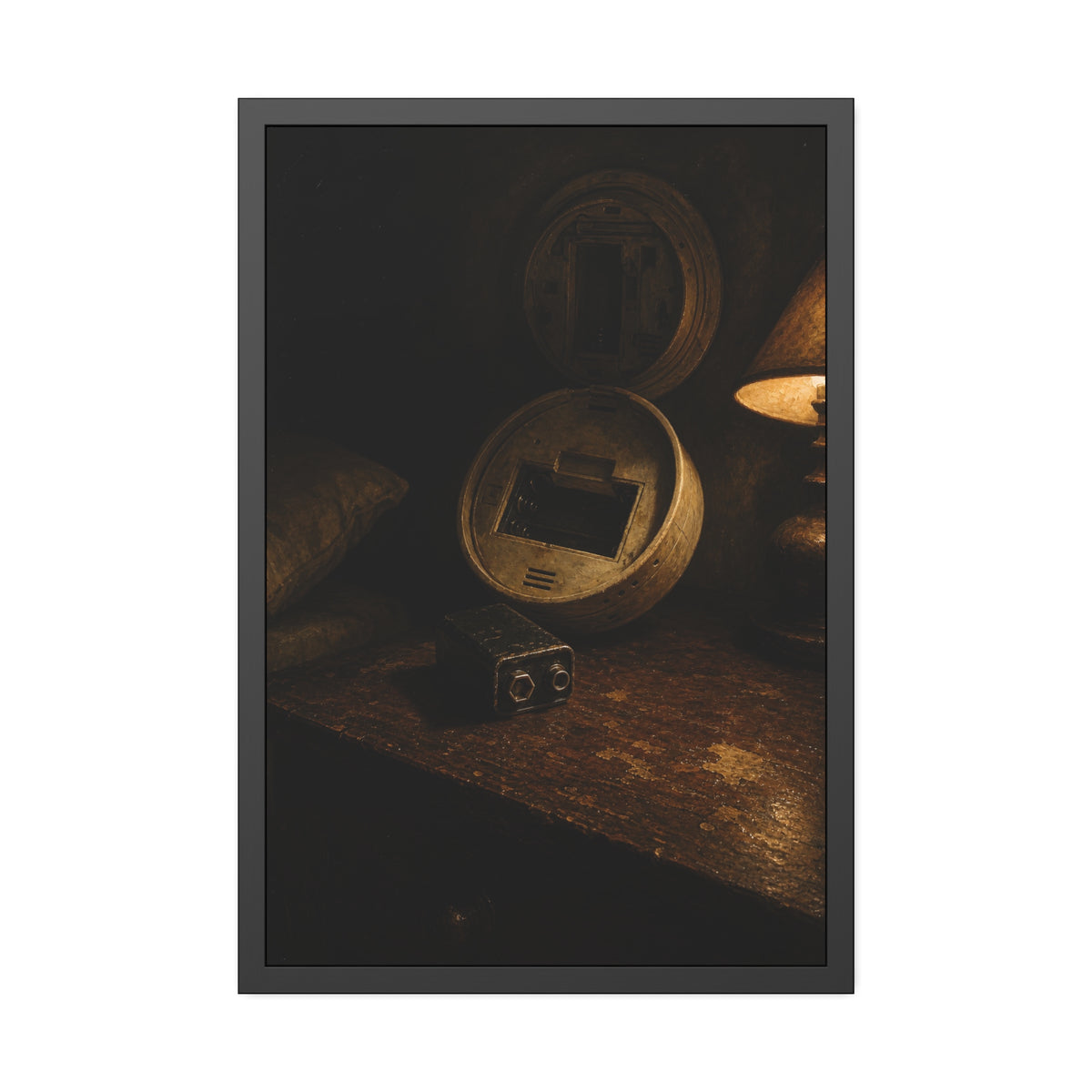 An open smoke detector on a wooden table beside a removed nine volt battery. The Silence After Removal by Garabaggio, framed fine art print, 24″ x 36″.
