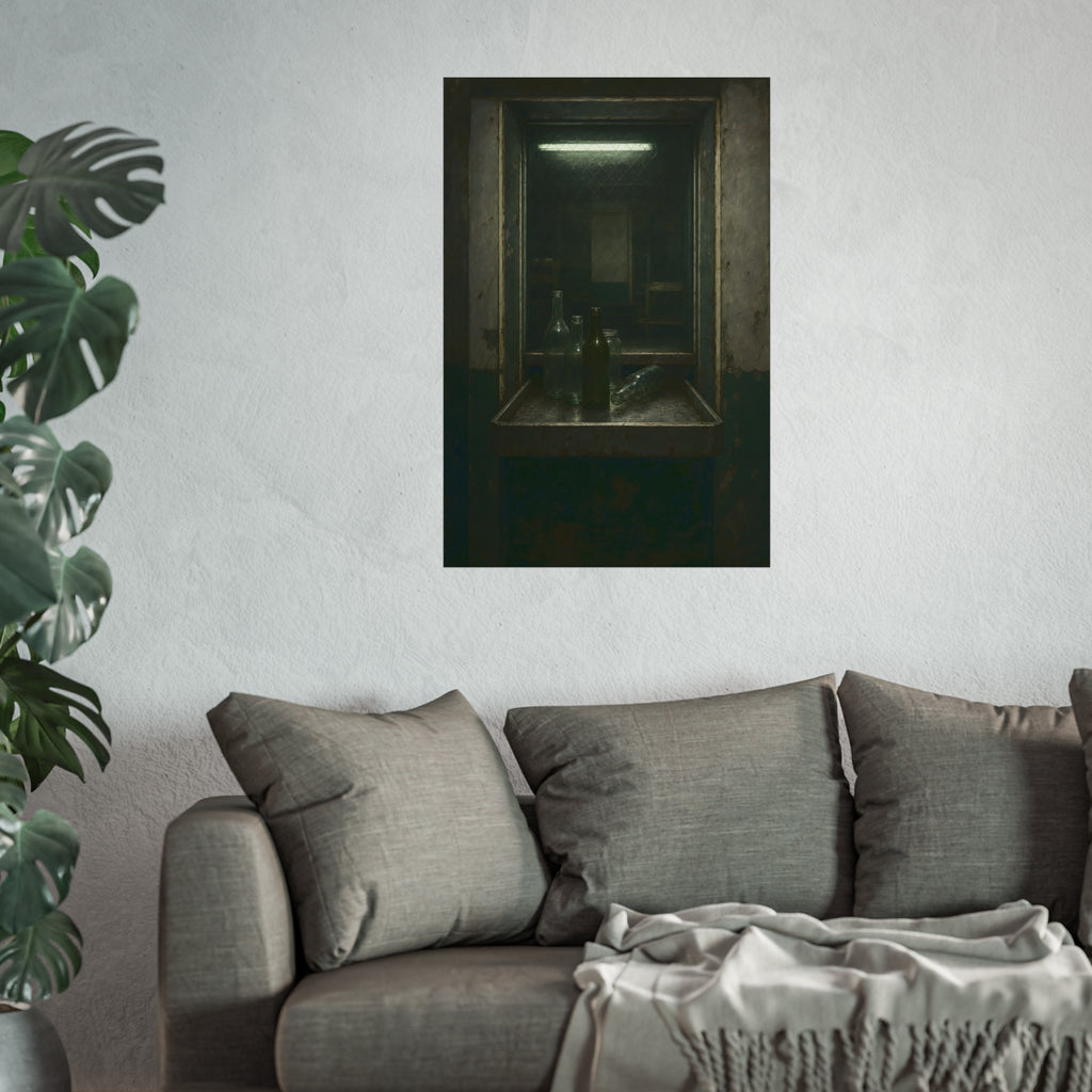 Empty glass bottles on a metal tray at a service window under a fluorescent tube. The Counting Window by Garabaggio, fine art print hanging in a room.