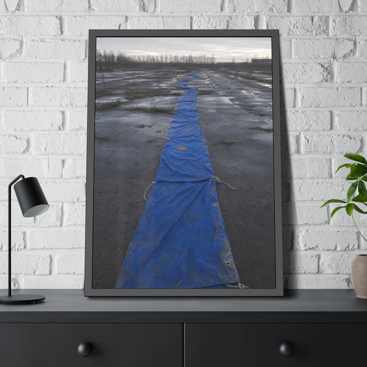 A blue tarp laid in a long strip down a wet cracked lot under grey sky. The Long Ground Procession by Garabaggio, framed fine art print hanging in a room.