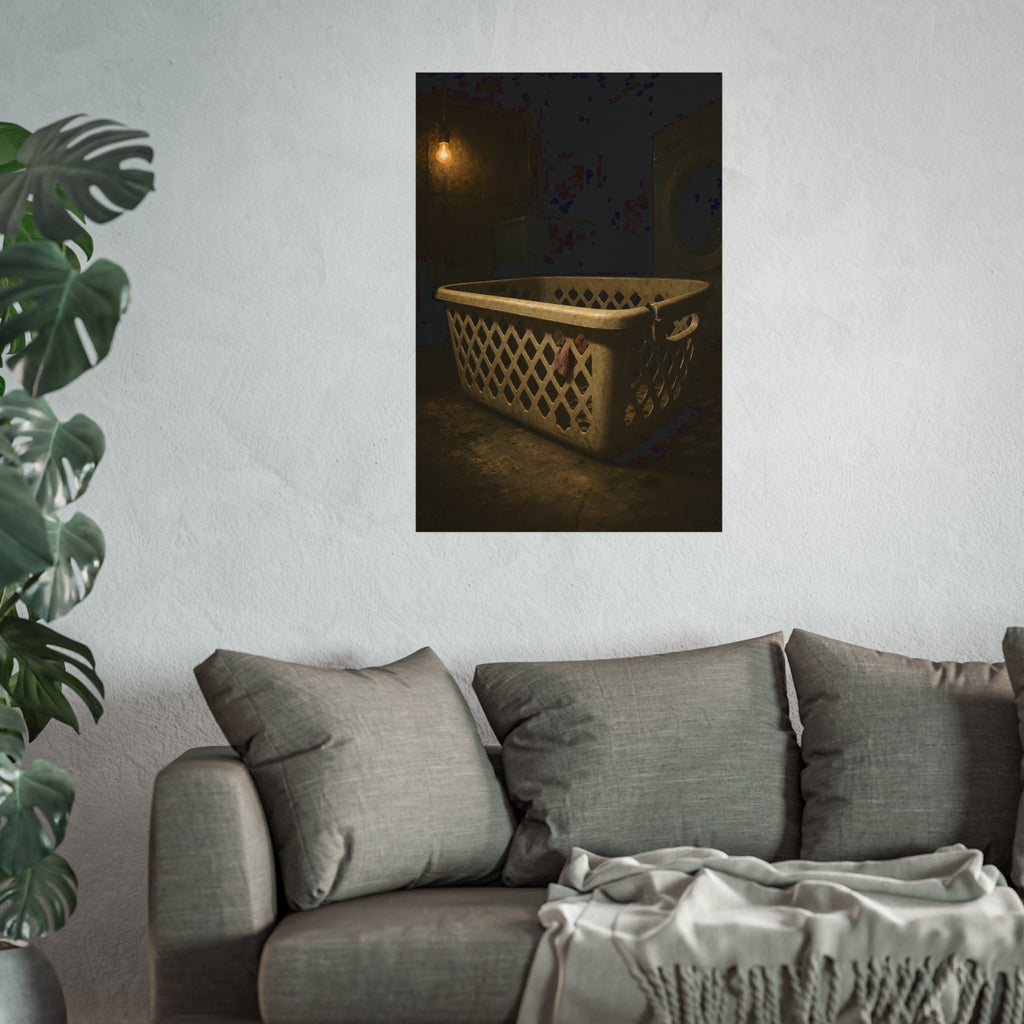 A plastic laundry basket on a basement floor under a bare hanging bulb. The First Split by Garabaggio, fine art print hanging in a room.